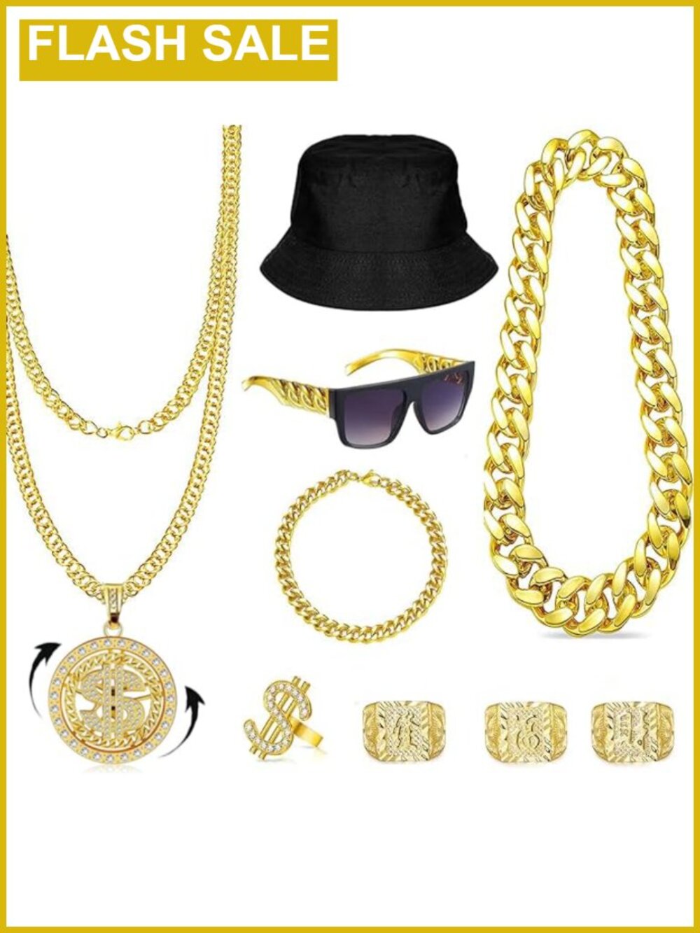 9pc Hip Hop Costume Set Gold Plated Chains Rings Bracelet Sunglasses Cap
